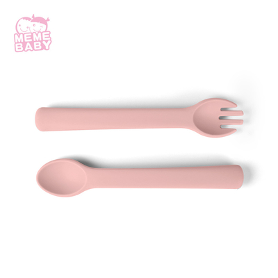 Pink Baby Toddler Use Silicone Fork And Spoon Set For Weaning