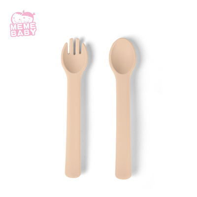 Beige Color Food Grade Silicone Fork And Spoon Set Easy To Hold