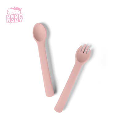 Pink Baby Toddler Use Silicone Fork And Spoon Set For Weaning