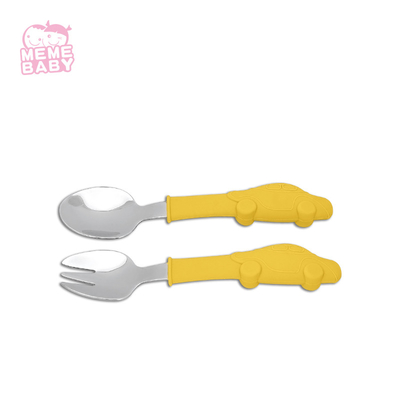 Yellow Color Car Shape Silicone Fork And Spoon Set Lightweight