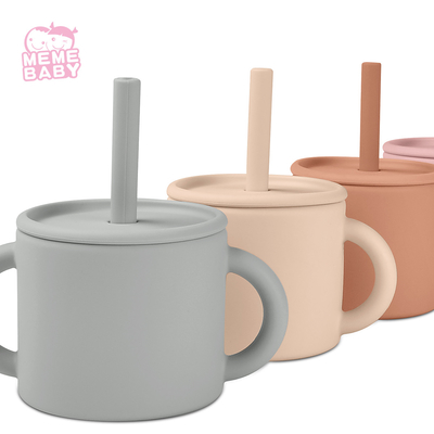 Dishwasher Safe Double Handles Silicone Cup With Straw Baby Use