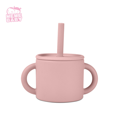 Dishwasher Safe Double Handles Silicone Cup With Straw Baby Use