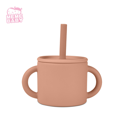 Dishwasher Safe Double Handles Silicone Cup With Straw Baby Use