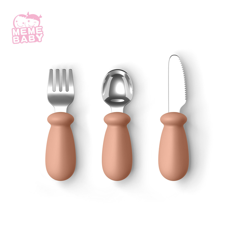 Lovely Stainless Steel Baby Fork And Spoon Set With Silicone Handle